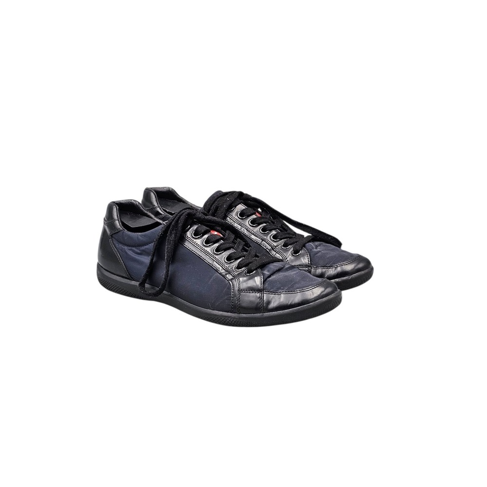 PRADA Men's Size‎ 9 US GUC Black Leather Navy Blue Nylon Low Top Sneakers Shoes